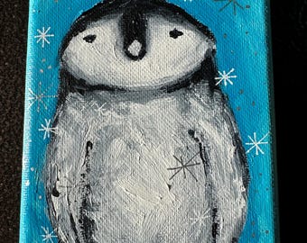 Christmas Penguin Painting: Original Acrylic Holiday Art (4" x 6")