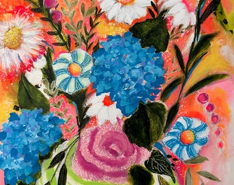Original Floral Acrylic Painting: Colorful Green Vase Art (11" x 14")