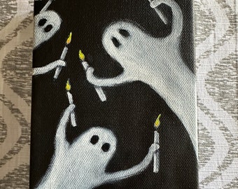 Halloween Ghosts Acrylic Painting: Whimsical Candle Art, 5x7 Canvas