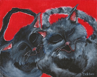 Black Cats original 10" x 8" x .25 painting on canvas board  by Deb Harvey  Love Cats