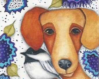 Dachshund Chickadee Art: Original Acrylic Painting on Canvas (8x8)