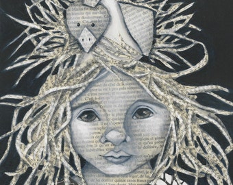 Girl, bird, Forest Nymph Print of Original Art  Print offered in three sizes