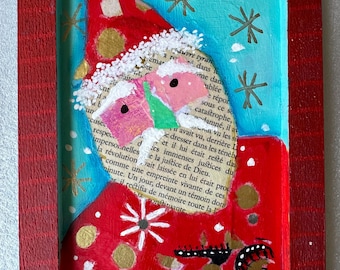Santa Christmas painting on wood with frame 5" x 7" Pizza On Christmas Eve