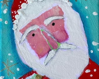 Hand Painted, mixed media, Christmas Santa Painting Acrylic Canvas Art (4"x6") "Books For Christmas"