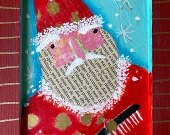Santa Christmas Hand-Painted Acrylic Art on Wood (5x7) Santa watches Hallmark Christmas movies