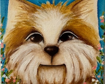 Yorkie Dog Painting: Original Acrylic Art with Wildflowers (6" x 6")