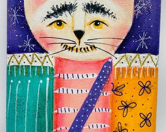 Hand Painted Cat Christmas Nutcracker Painting Acrylic Canvas Art (4"x6") "Chestnut" Holiday decoration