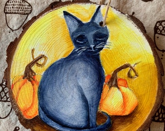 Autumn Black Cat Pumpkins hand painted wooden ornament 4" diameter, gift, decoration Original Art by Deb Harvey gift