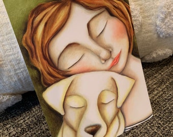 Dog Girl  5"x7" Postcard Print of Original Art  Puppy Love Fits in Standard Frame of your choice