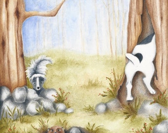 Jack Russell Terrier, Skunk, ground hog, Print, 3 Sizes, Landscape, woods, gift for him,  Hide And Seek
