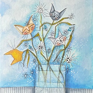 Original painting &quot;Striped&quot; Original Painting on Paper, 5.5&quot; x 7&quot;, cats, cat flowers