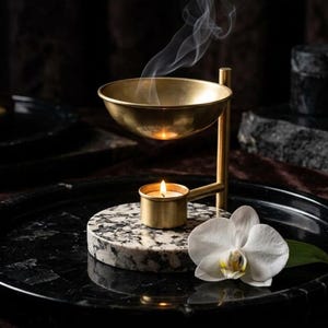 Queimador de óleo em latão com base de granito, aquecedor minimalista para velas tealight, aquecedor de cera, presente de aromaterapia