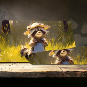 Tapis de jeu multifonctions Sunny Raccoon Smile : ensemble de tapis de bureau et de tapis de souris, tapis de jeu TCG