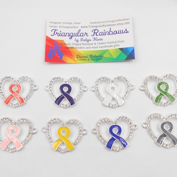 Custom Large Awareness Ribbon Heart Connector Charms w/ Rhinestones for Breast Cancer/ lupus mental health liver missing children MS SPD POW