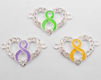 Medium Awareness Ribbon Heart Connector Charms with Rhinestones Purple Green Yellow Ribbon 1-25A