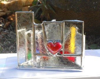 Beware The Frozen Heart Triangle Shaped Rainbow Themed Stained Glass Candle Holder OOAK tealight Valentines Gift home yoga office romantic