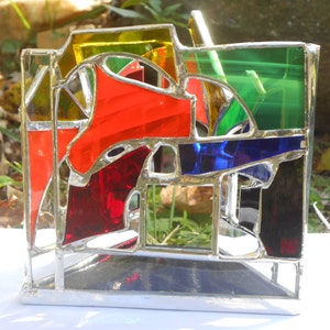 Infinity Reflection Triangle Shaped Rainbow Themed Stained Glass Candle Holder colorful tealight mirrors abstract ooak negative space gifts image 4