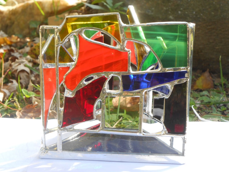 Infinity Reflection Triangle Shaped Rainbow Themed Stained Glass Candle Holder colorful tealight mirrors abstract ooak negative space gifts image 4