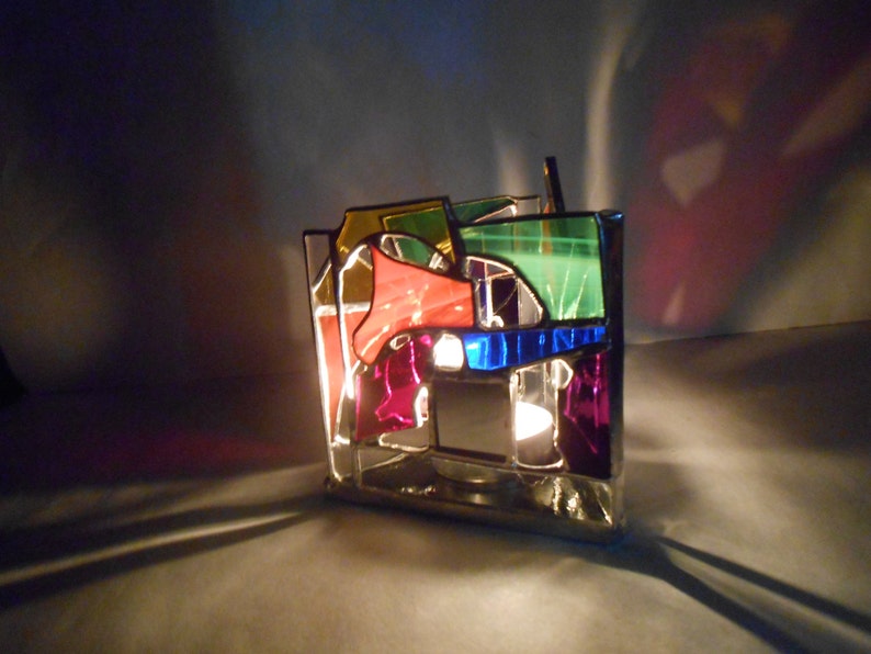 Infinity Reflection Triangle Shaped Rainbow Themed Stained Glass Candle Holder colorful tealight mirrors abstract ooak negative space gifts image 5