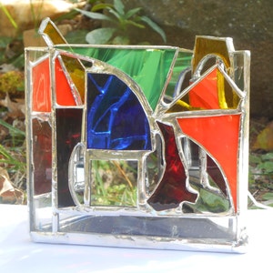 Infinity Reflection Triangle Shaped Rainbow Themed Stained Glass Candle Holder colorful tealight mirrors abstract ooak negative space gifts image 2