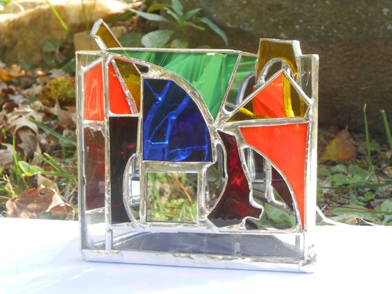 Infinity Reflection Triangle Shaped Rainbow Themed Stained Glass Candle Holder colorful tealight mirrors abstract ooak negative space gifts image 2
