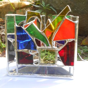 Infinity Reflection Triangle Shaped Rainbow Themed Stained Glass Candle Holder colorful tealight mirrors abstract ooak negative space gifts image 3