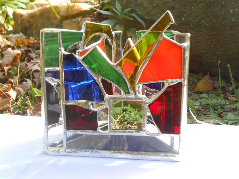 Infinity Reflection Triangle Shaped Rainbow Themed Stained Glass Candle Holder colorful tealight mirrors abstract ooak negative space gifts image 3