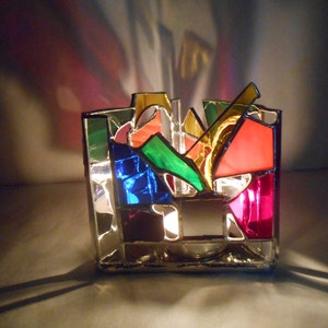 Infinity Reflection Triangle Shaped Rainbow Themed Stained Glass Candle Holder colorful tealight mirrors abstract ooak negative space gifts image 1
