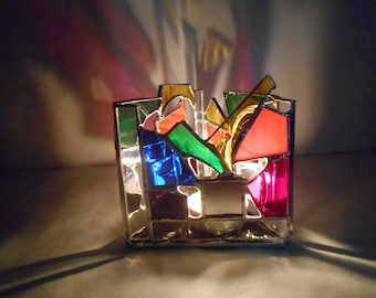 Infinity Reflection Triangle Shaped Rainbow Themed Stained Glass Candle Holder colorful tealight mirrors abstract ooak negative space gifts