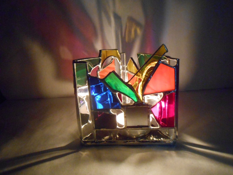 Infinity Reflection Triangle Shaped Rainbow Themed Stained Glass Candle Holder colorful tealight mirrors abstract ooak negative space gifts image 1