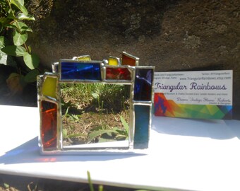 Rainbow Reflections Mirror Triangle Shaped Stained Glass Candle Holder office home dorm yoga studio chakra lgbt abstract glass art