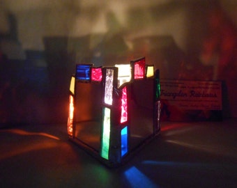 Rainbow Reflections Mirror Triangle Shaped Stained Glass Candle Holder office home dorm yoga studio chakra lgbt abstract glass art