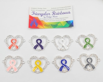 Custom Large Awareness Ribbon Heart Connector Charms w/ Rhinestones for Breast Cancer/ lupus mental health liver missing children MS SPD POW