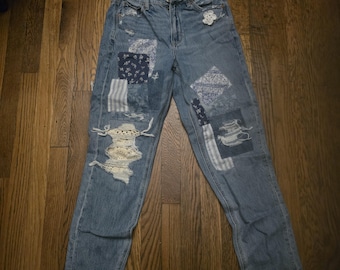 Grannycore Vintage Distressed Crochet patch OOAK popular jean brand Repurposed upcycled Mom Jeans