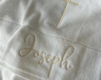 Premium Baptism / Christening Towel, embroidered with cross and personalised with name on  luxurious soft trim.