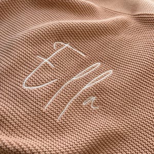Personalised baby name blanket in BLUSH PINK. 100% Cotton knit. New Baby, Birth Announcement, Baptism, Birthday.