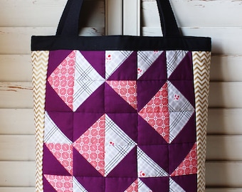 Quilted Geometric Totebag - Purple and Gold - Purse, shoulderbag, Japanese, asian, quilt, bag, chevron, black, bookbag, market tote