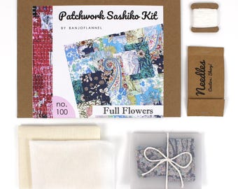 Kit de patchwork sashiko con flores – Manualidad de puntada lenta