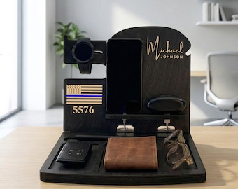 Personalized Desk Organizer, Thin Blue Line Gift for Police Officer, Birthday gift, Retirement Gift for Law Enforcement, Police badge gift