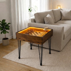 Pode incluir: Uma mesa de xadrez de madeira com iluminação embutida. A mesa tem um acabamento castanho escuro, um tabuleiro de xadrez e pernas de metal pretas. As peças de xadrez estão dispostas no tabuleiro. Uma chávena pequena está na borda.