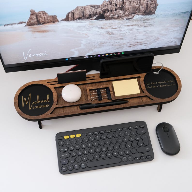 Custom wooden desk organizer with dual engraving on both sides personalized office gift for him