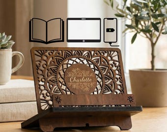 Boekenstandaard met telefoon- en tablethouder, multifunctionele houten standaard, cadeau voor lezers, Moederdagcadeau, gepersonaliseerde boekensteun, cadeau vrouw