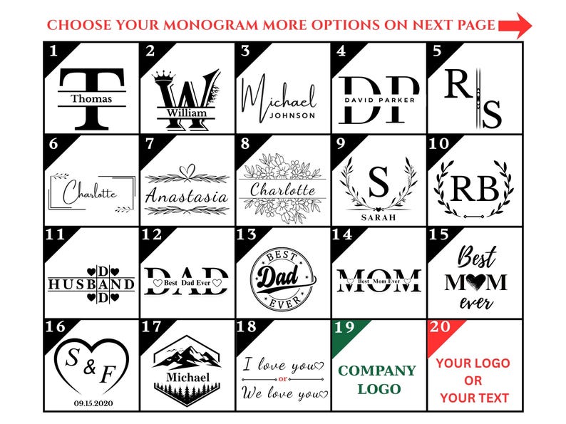 Monogram design options for personalized desk organizer custom engraving selection page
