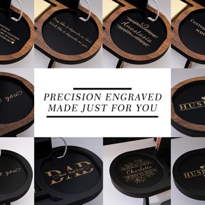 Multiple engraving styles on wooden desk organizer precision engraved personalized gift options.
