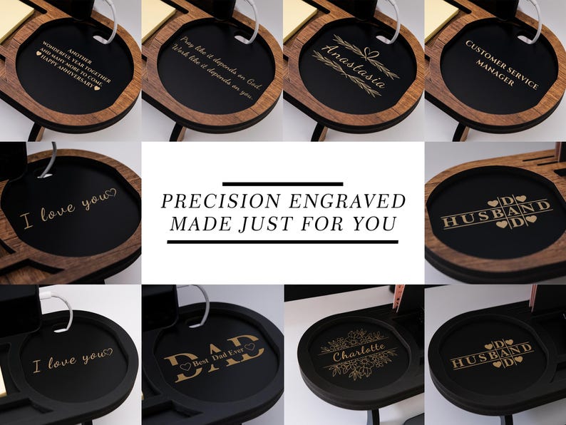 Multiple engraving styles on wooden desk organizer precision engraved personalized gift options.