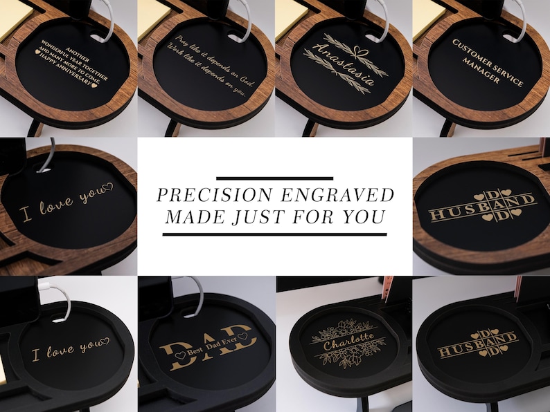 May include: A collection of personalized wooden desk organizers with various engraved messages, including names, phrases like "I love you," and titles such as "Customer Service Manager." The organizers have a black interior and a wooden frame.