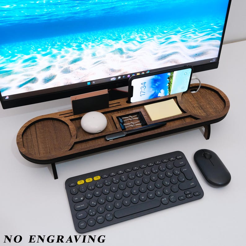 Wooden desk organizer without engraving modern monitor stand office setup with phone holder and accessories