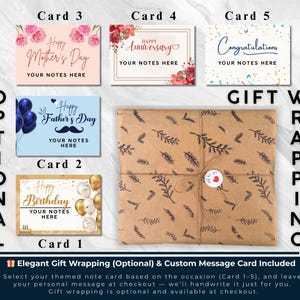 May include: An assortment of greeting cards for various occasions, including Mother's Day, Father's Day, and birthdays. The cards are displayed with a wrapped gift, offering optional gift wrapping and custom message services.