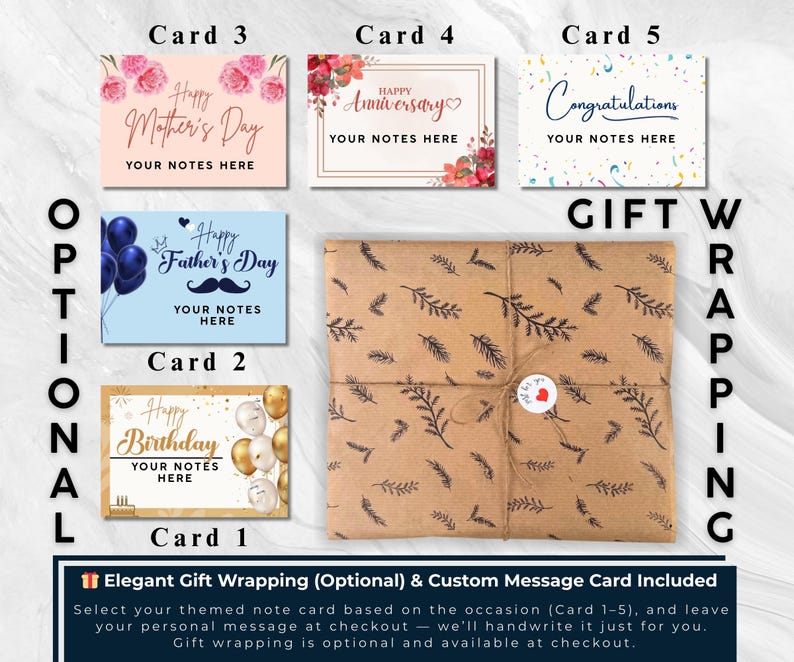 May include: An assortment of greeting cards for various occasions, including Mother's Day, Father's Day, and birthdays. The cards are displayed with a wrapped gift, offering optional gift wrapping and custom message services.