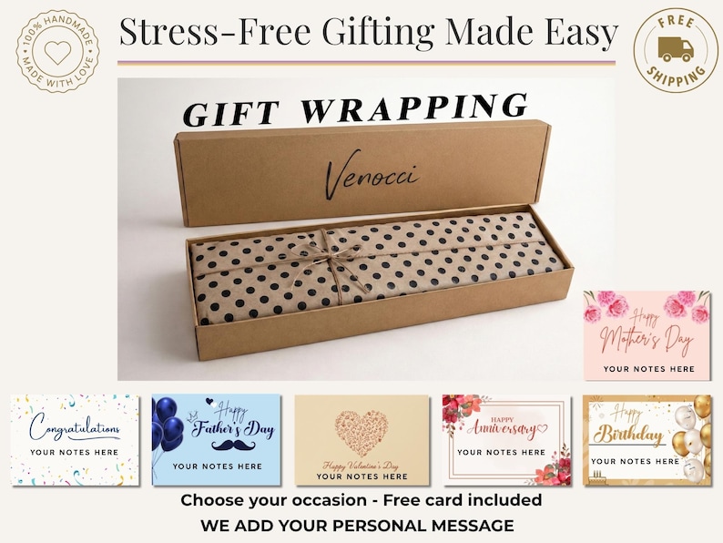 K&ouml;nnte beinhalten: Eine rechteckige Geschenkbox mit gepunktetem Geschenkpapier im Inneren. Die Box ist ge&ouml;ffnet und gibt den Inhalt frei. Der Text "GIFT WRAPPING" wird angezeigt. Mehrere Gru&szlig;karten werden mit Optionen f&uuml;r verschiedene Anl&auml;sse gezeigt.